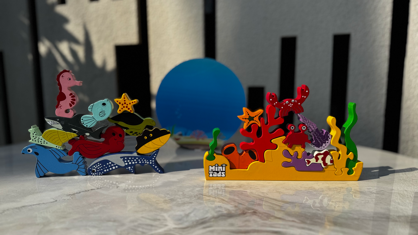 MiniTads Ocean Wonders – Wooden Coral Reef & Sea Life Playset ( 23 Peice of Sea Creatures )