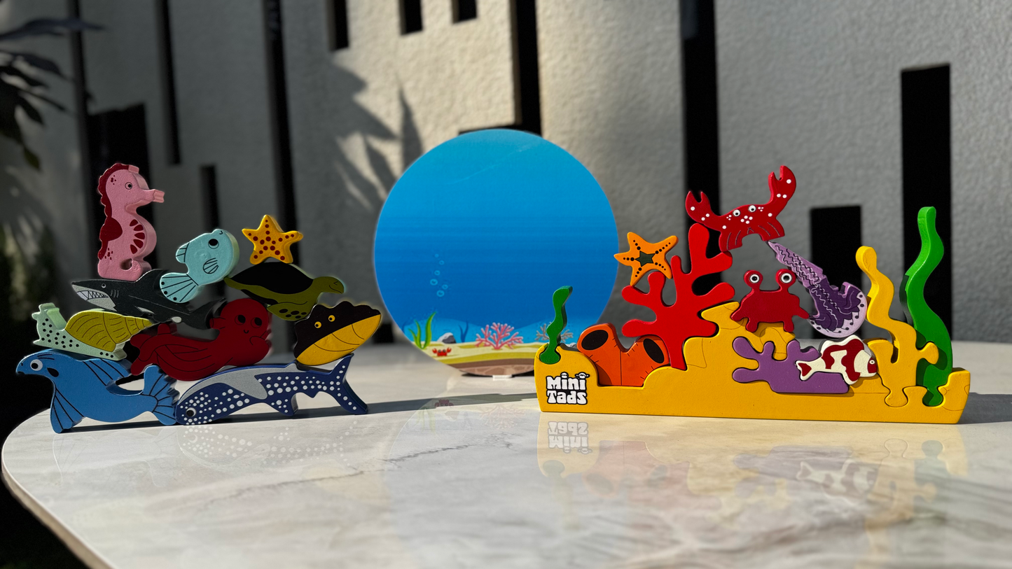 MiniTads Ocean Wonders – Wooden Coral Reef & Sea Life Playset ( 23 Peice of Sea Creatures )