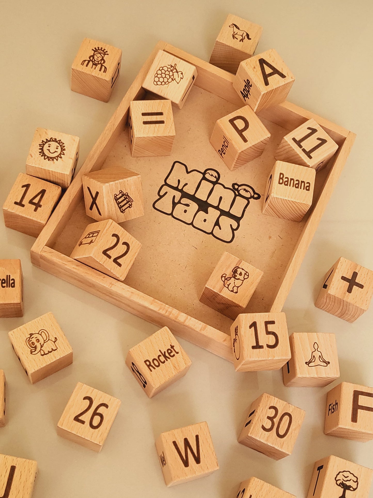 Wooden Learning Blocks – 30 Piece Toy with Tray