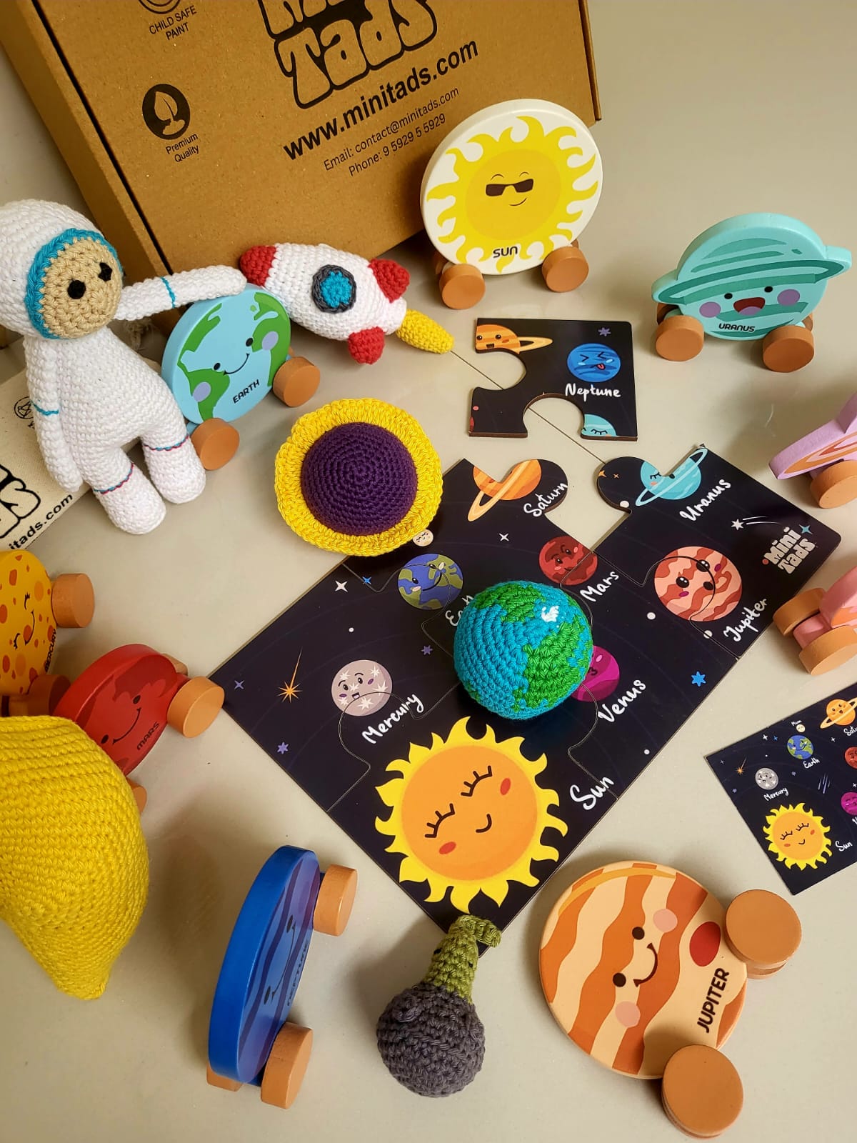 MiniTads Handmade Astronaut Crochet Toys ➕️ MiniTads Planet roller coasters ➕️ MiniTads Solar system Puzzle with flash card ..Space Adventure for Little Dreamers! – Wooden and Crochet Solar System Playset...