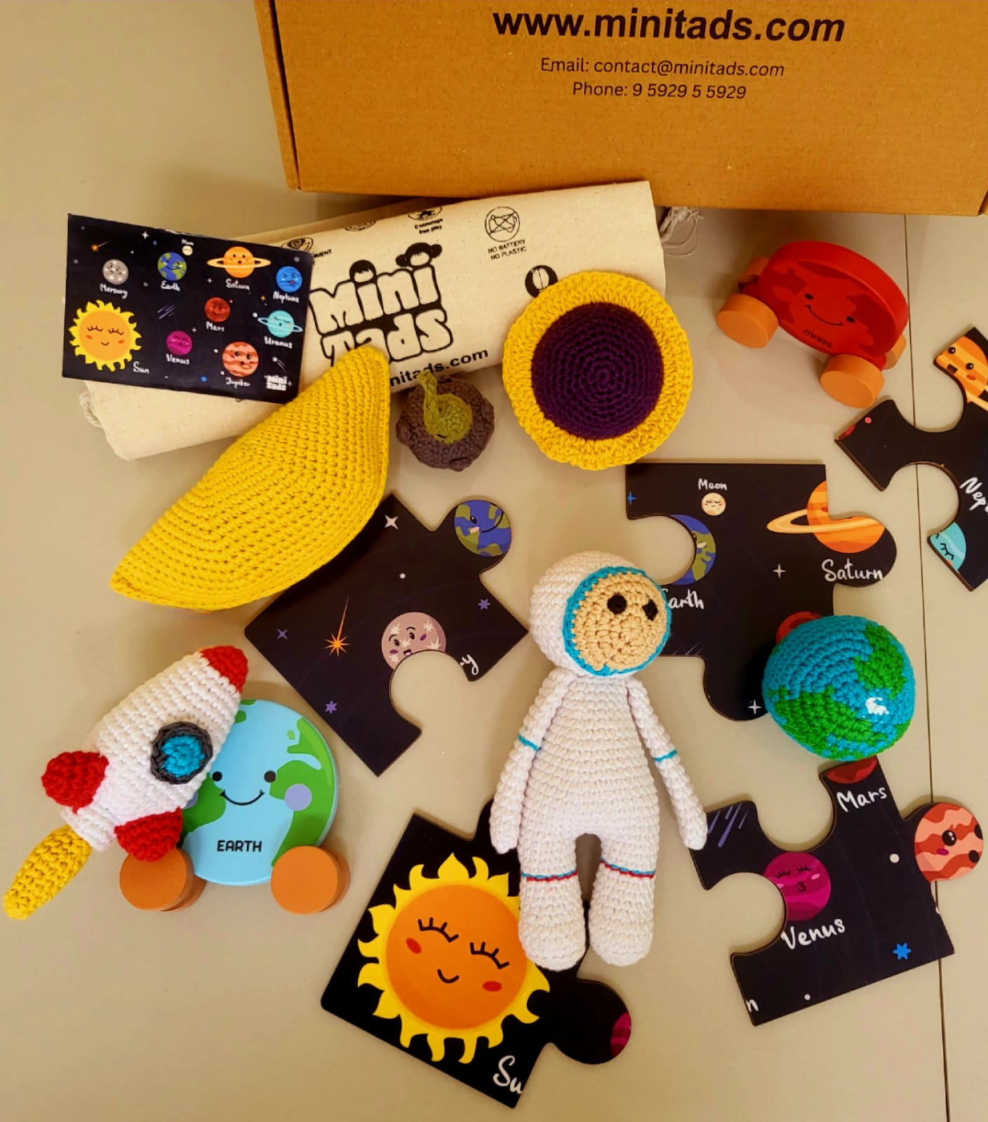 MiniTads Handmade Astronaut Crochet Toys ➕️ MiniTads Planet roller coasters ➕️ MiniTads Solar system Puzzle with flash card ..Space Adventure for Little Dreamers! – Wooden and Crochet Solar System Playset...