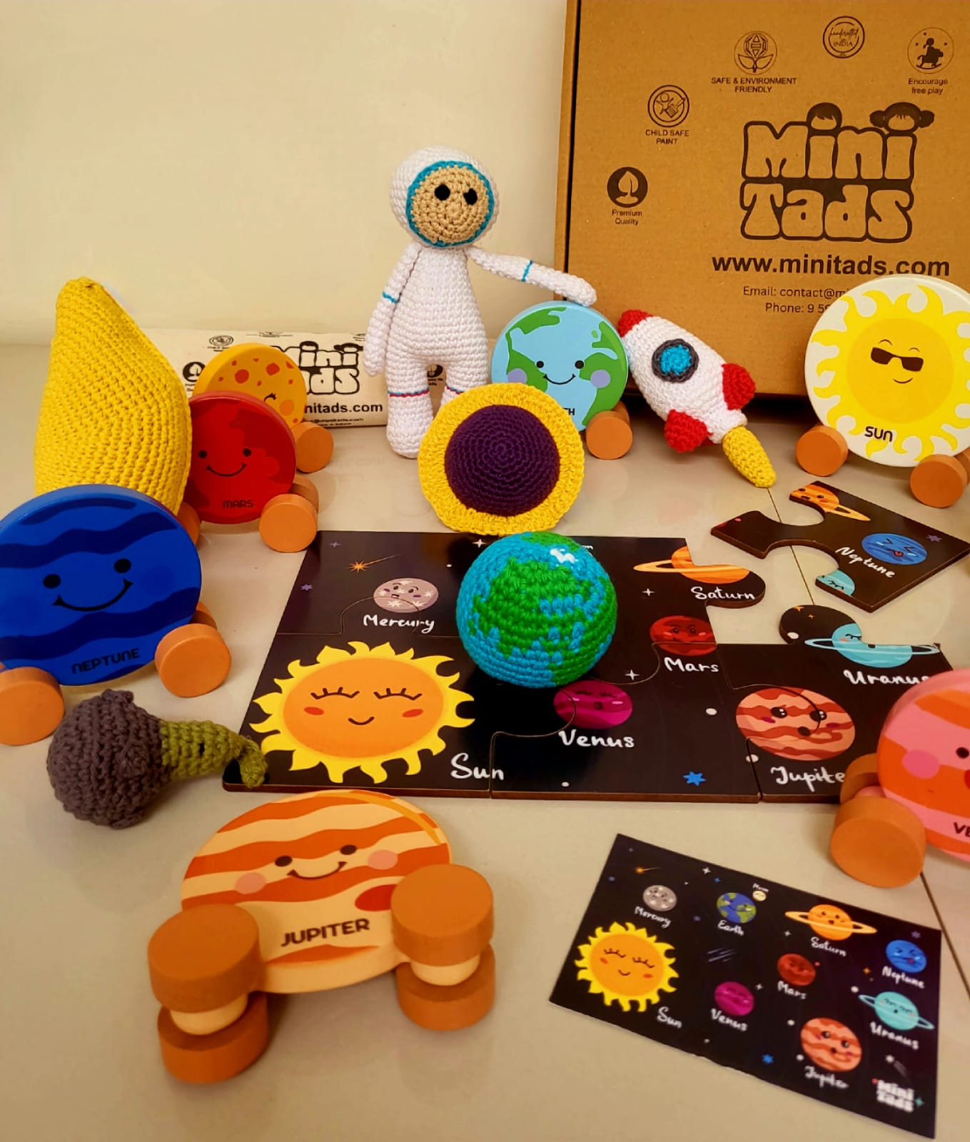 MiniTads Handmade Astronaut Crochet Toys ➕️ MiniTads Planet roller coasters ➕️ MiniTads Solar system Puzzle with flash card ..Space Adventure for Little Dreamers! – Wooden and Crochet Solar System Playset...