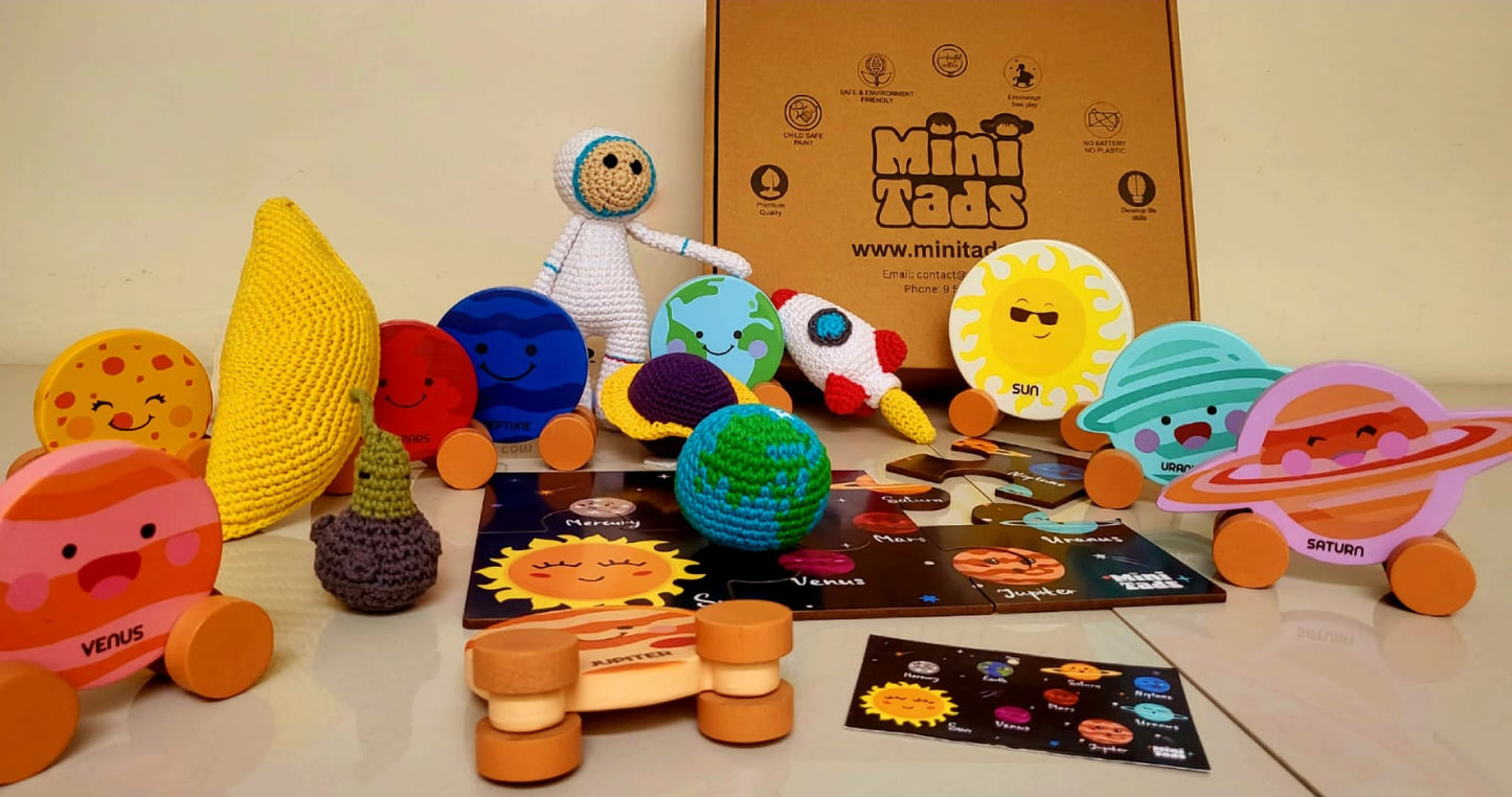 MiniTads Handmade Astronaut Crochet Toys ➕️ MiniTads Planet roller coasters ➕️ MiniTads Solar system Puzzle with flash card ..Space Adventure for Little Dreamers! – Wooden and Crochet Solar System Playset...