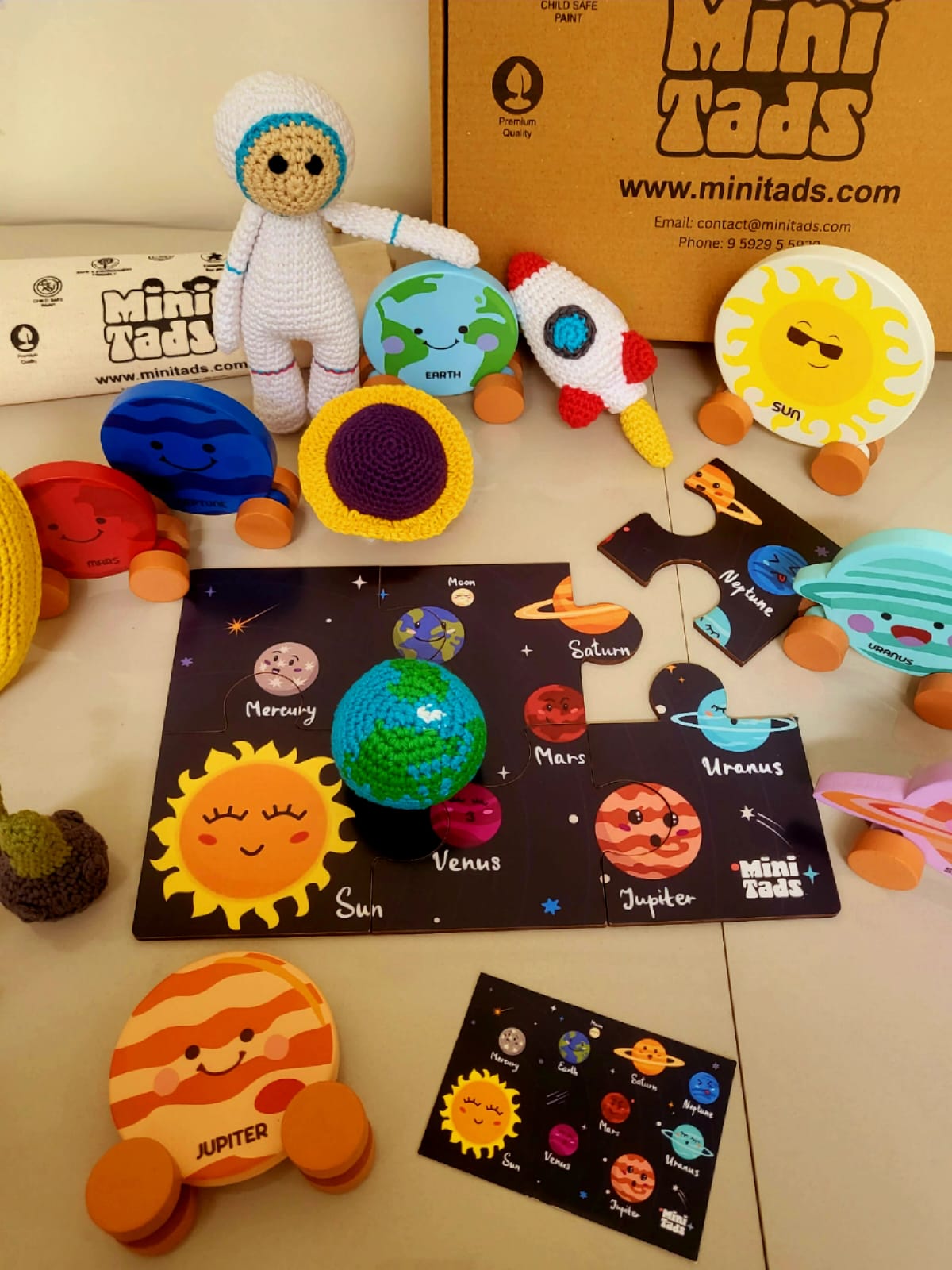 MiniTads Handmade Astronaut Crochet Toys ➕️ MiniTads Planet roller coasters ➕️ MiniTads Solar system Puzzle with flash card ..Space Adventure for Little Dreamers! – Wooden and Crochet Solar System Playset...