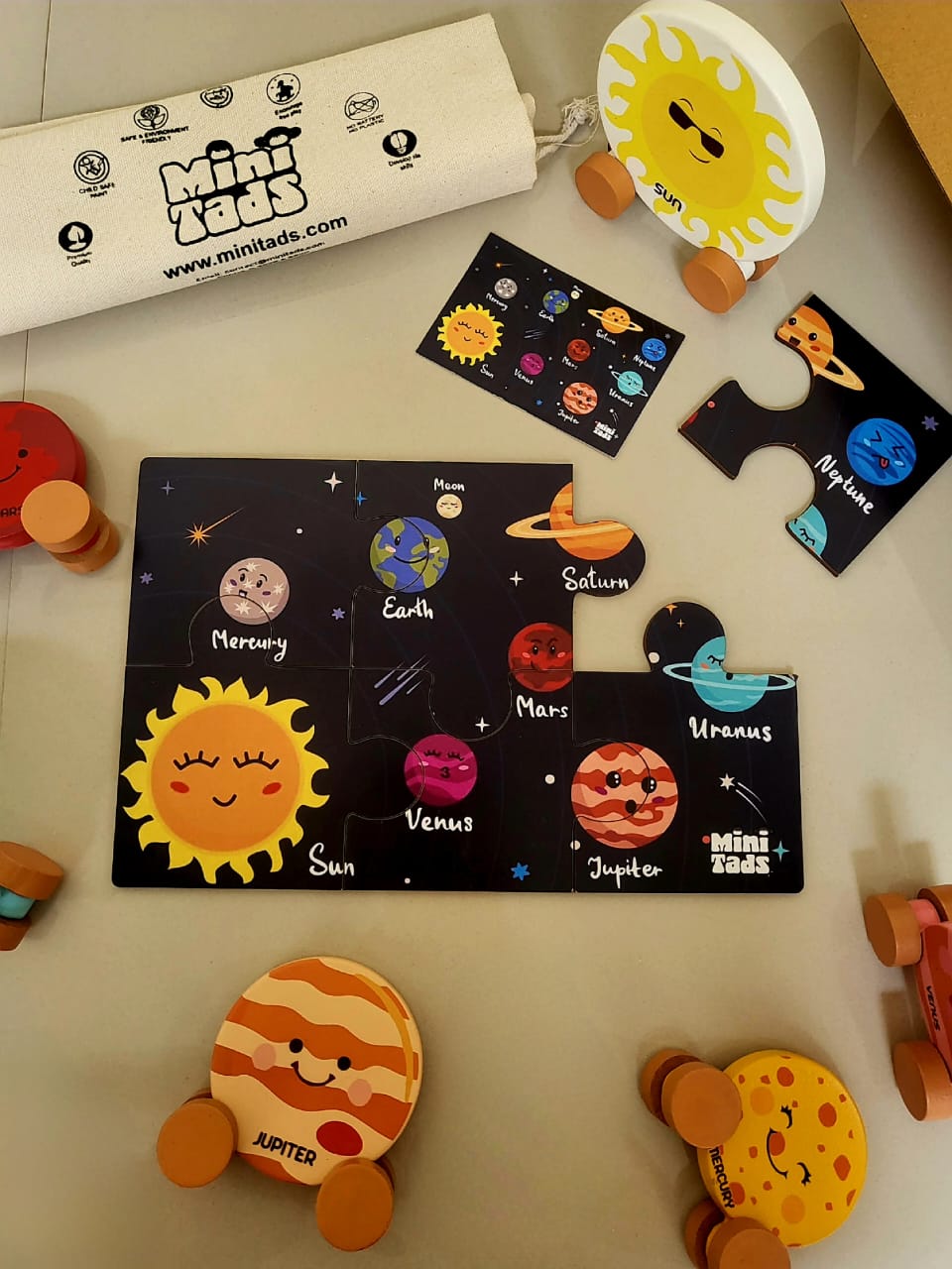 MiniTads Handmade Astronaut Crochet Toys ➕️ MiniTads Planet roller coasters ➕️ MiniTads Solar system Puzzle with flash card ..Space Adventure for Little Dreamers! – Wooden and Crochet Solar System Playset...