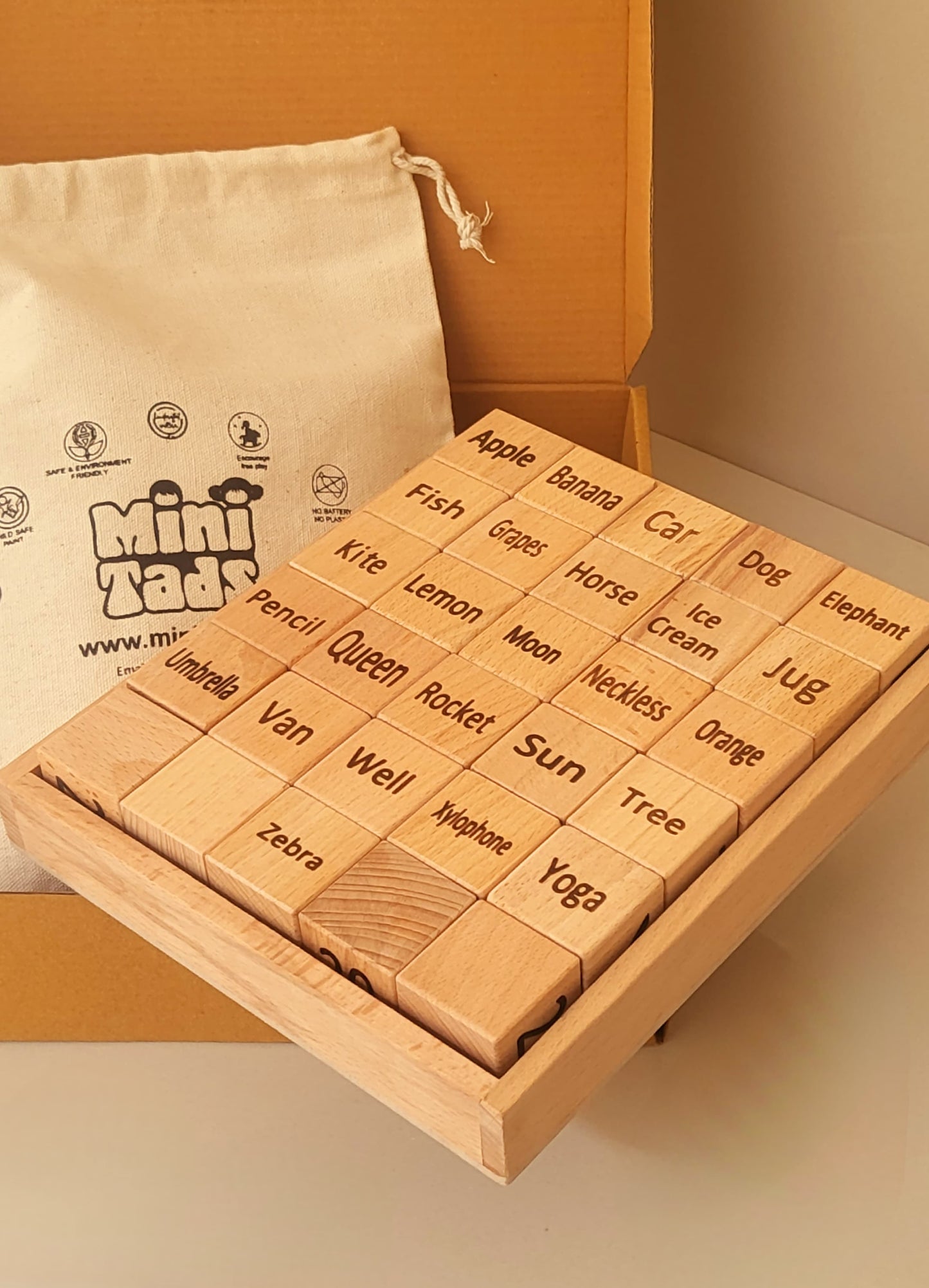Wooden Learning Blocks – 30 Piece Toy with Tray