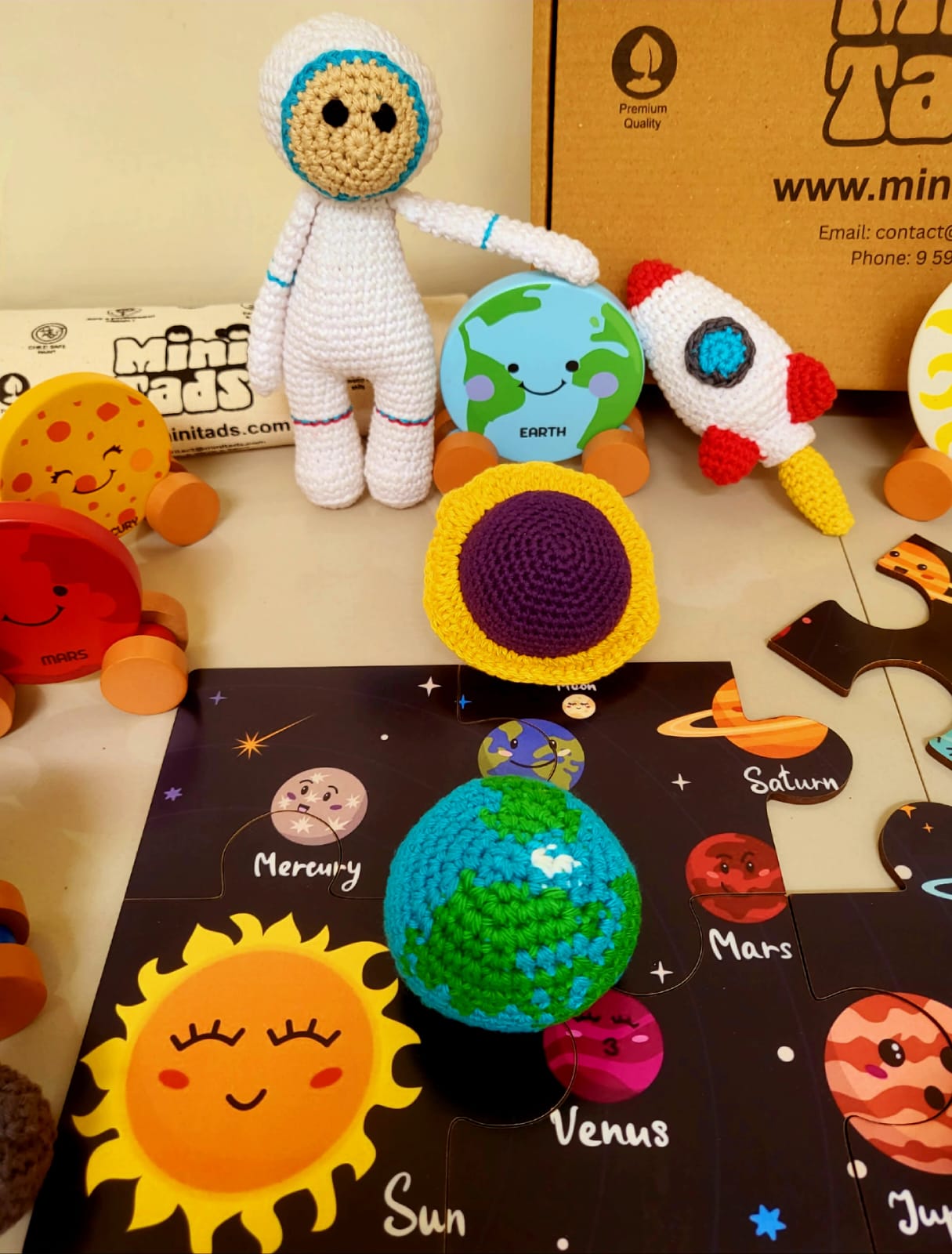 MiniTads Handmade Astronaut Crochet Toys ➕️ MiniTads Planet roller coasters ➕️ MiniTads Solar system Puzzle with flash card ..Space Adventure for Little Dreamers! – Wooden and Crochet Solar System Playset...
