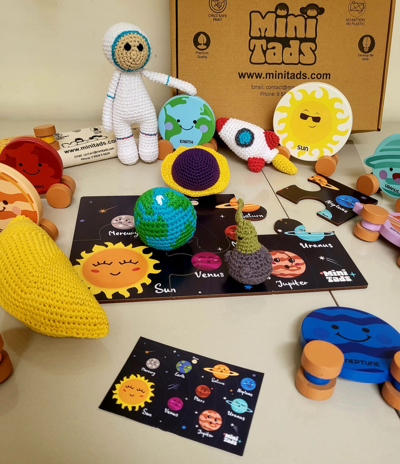 MiniTads Handmade Astronaut Crochet Toys ➕️ MiniTads Planet roller coasters ➕️ MiniTads Solar system Puzzle with flash card ..Space Adventure for Little Dreamers! – Wooden and Crochet Solar System Playset...