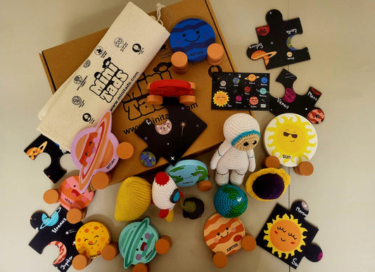 MiniTads Handmade Astronaut Crochet Toys ➕️ MiniTads Planet roller coasters ➕️ MiniTads Solar system Puzzle with flash card ..Space Adventure for Little Dreamers! – Wooden and Crochet Solar System Playset...